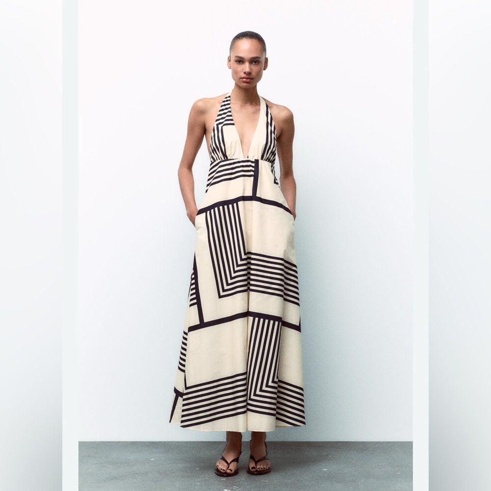 ZARA Cotton Poplin Geometric Print Halter Dress w neck detail. L NWT